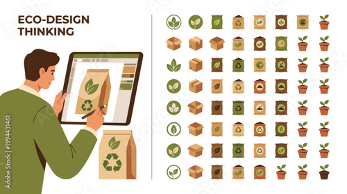 Designer crafting sustainable food packaging with eco-friendly materials, recycling symbols for green branding. Vector icon collection for organic products, environmental awareness