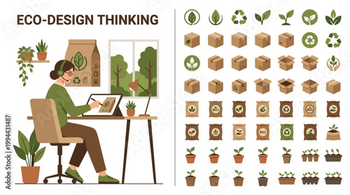 Eco-design thinking a designer using a tablet for sustainable product packaging and a collection of eco-friendly icons and graphics