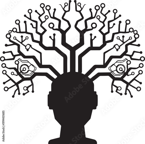 Silhouette of a human head integrated with intricate neural network circuits and digital nodes. Vector