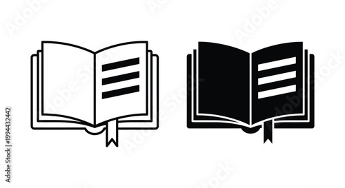 Minimalist open book vector icons in outline and solid glyph styles with bookmarks, ideal for educational apps, digital libraries, and e-learning user interface design.