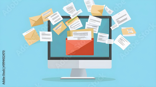 3D illustration of a computer monitor overflowing with cascading envelopes and documents, creatively symbolizing high-volume digital communication, email marketing