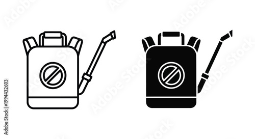 Professional backpack sprayer icons in outline and solid styles for pest control services, agricultural chemical application, and garden maintenance.