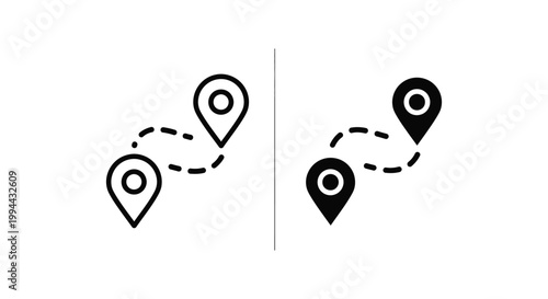Minimalist location pin icons with dashed route line representing travel navigation and logistics tracking from start to destination