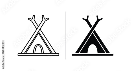 Minimalist teepee and wigwam icons in outline and solid black styles for camping, travel, and indigenous culture design projects