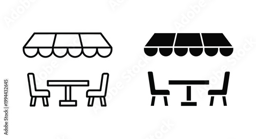 Minimalist vector icons of a street cafe terrace featuring a striped awning over a dining table and chairs, perfect for restaurant menus and local business signage.