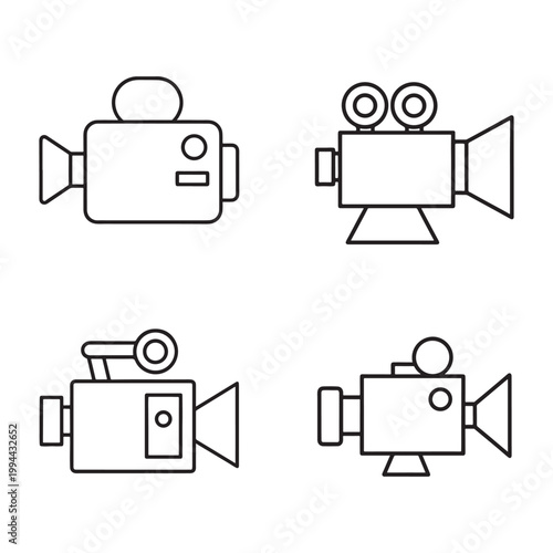 Four black and white video cameras with different designs  recording devices for filmmaking and videography