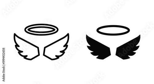 Minimalist black angel wings with halos icon set featuring outline and solid silhouette styles for spiritual branding, memorial tributes, and divine symbolic graphic design