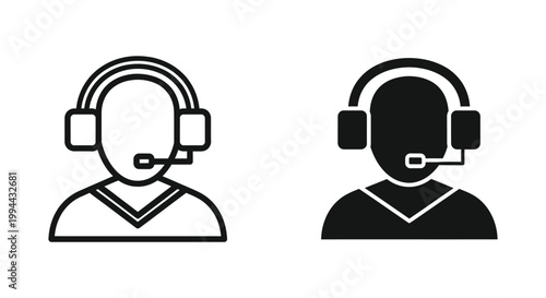 Professional customer service representative icons featuring a person with a headset in line and solid silhouette styles for help desk, call center support, and online communication.