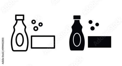 Minimalist dishwashing icons featuring liquid detergent bottle and cleaning sponge with bubbles for kitchen hygiene and household maintenance services