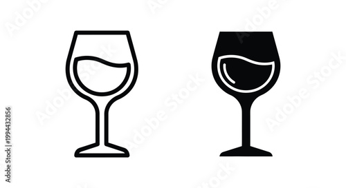 Minimalist wine glass icon set featuring outline and solid glyph styles for restaurant menus, bar signage, and beverage branding.