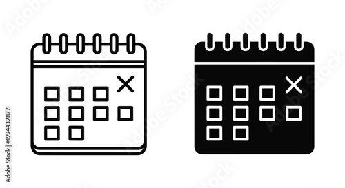 Set of minimalist calendar icons in outline and solid black styles with a marked date for scheduling appointments, managing deadlines, and organizing business events.