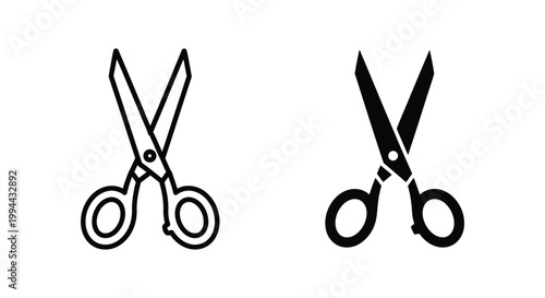 Set of two minimalist scissor icons featuring outline and solid silhouette styles for tailoring, school supplies, craft projects, and digital editing interfaces