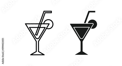 Minimalist cocktail glass icons in outline and solid styles featuring a straw and citrus garnish for bar menus and nightlife branding