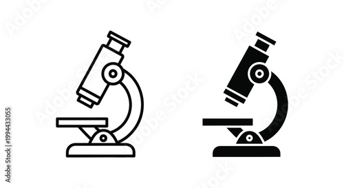 Minimalist microscope icons in outline and solid silhouette styles for scientific research, laboratory equipment, medical education, and biotechnology development.