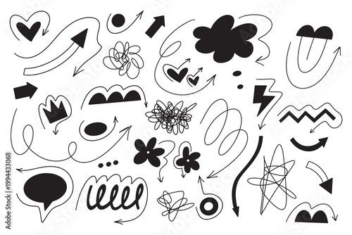 Marker scribble elements collection. Different shapes and arrows in sketch style. Good for design and decoration. Isolated on white background.