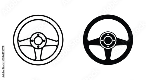 Set of minimalist steering wheel icons in outline and solid black styles for automotive interface design, driving navigation, and car control concepts.