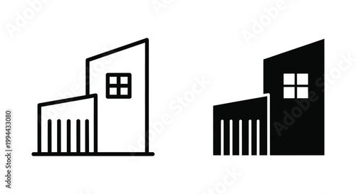 Minimalist modern office building and industrial warehouse icons in outline and solid glyph styles for corporate branding, real estate development, and architectural design projects.