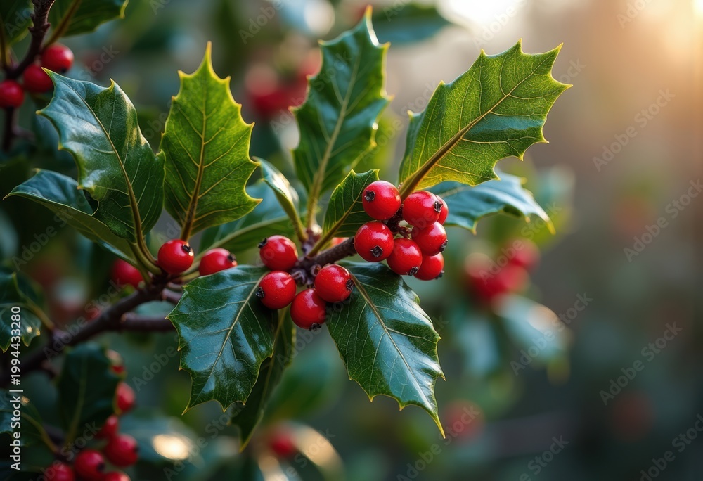 Fototapeta premium Spiny Holly Tree with Glossy Green Leaves and Bright Red Berries Glimmering Under Winter Sunlight