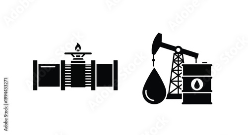 Oil industry icons depicting a pump valve and storage silhouette