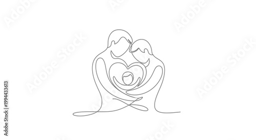 Continuous Line Drawing of Family Embracing, Forming Heart Shape Around Baby