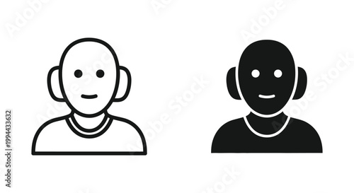 Minimalist user avatar icons in line and solid styles representing a friendly customer support agent, podcast listener, or call center representative for web and app interfaces.