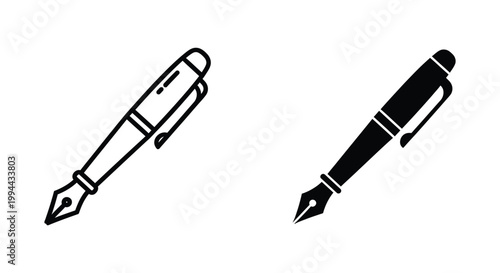 Elegant fountain pen vector icons in outline and solid styles for professional document signing, creative writing, and educational branding.