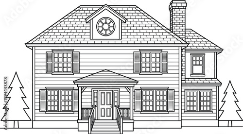 Classic suburban house line illustration featuring detailed residential architecture, front porch entrance, windows, chimney and symmetrical home design