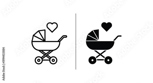 Minimalist baby stroller and pram icons with heart symbol in outline and solid silhouette styles for parenting apps and newborn care branding