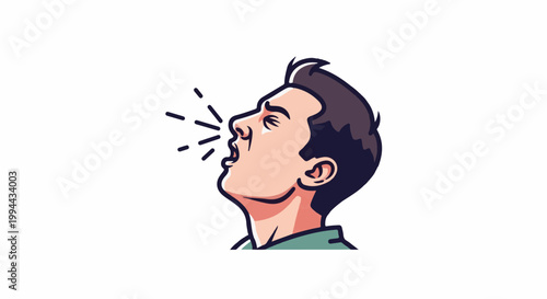Illustration of a man sneezing with mouth open, face angled upwards, showing airborne particles