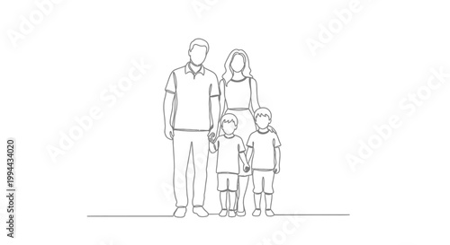 Minimalist Line Art Family Portrait: Parents and Two Children Standing Together