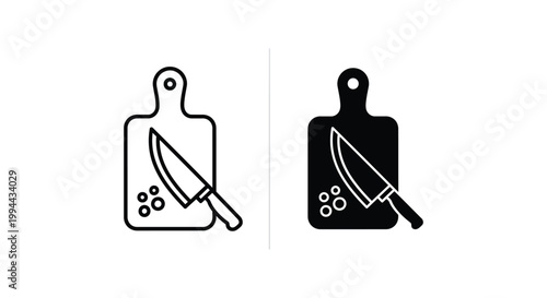 Professional kitchen cutting board and chef knife vector icons set in outline and solid styles, perfect for restaurant menus, cooking apps, and culinary branding.