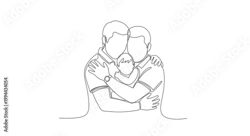 Gay Couple Embracing Newborn Baby, Minimalist Line Art, Family Love