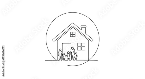 Minimalist family home icon, line art, simple illustration of parents and children in front of house.