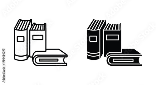 Minimalist book icons set featuring standing and lying books in outline and solid black styles for educational, library, and academic design projects.