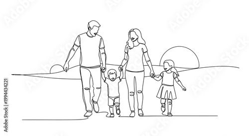 Happy Family Walking Together Holding Hands Outdoors Line Art
