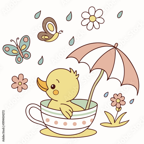 Cute SVG of a Shy Duck in Blooming Renewal colors, featuring in a teacup in a Spring setting