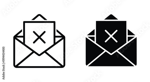 Minimalist set of outline and solid envelope icons with a cross mark on the letter, representing email error, spam notification, or unsubscribing from digital mailing lists.