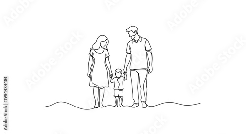 Minimalist line drawing of a happy family walking together, parents and child holding hands