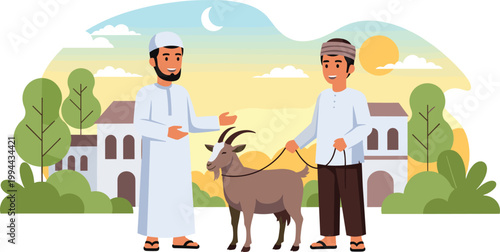 Arabian Men in Traditional Clothing with Goat in Outdoor Village Setting, Cultural Heritage, Farm Life, and Family Bonding Illustration