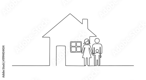 Minimalist line art of a family standing in front of a simple house outline.