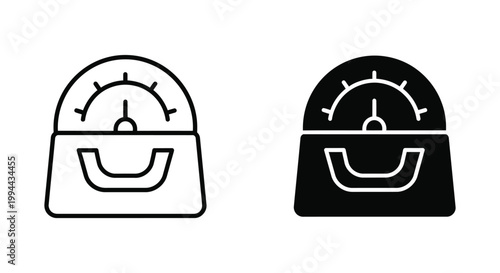 Professional analog voltmeter and multimeter icons in outline and solid black styles for electrical engineering, power diagnostics, and industrial measurement tools.