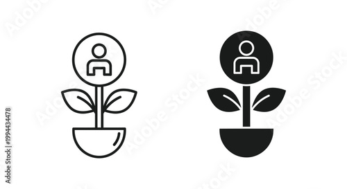 Minimalist vector icons of a person growing in a plant pot symbolizing human resource development, career growth, and personal coaching for business and education