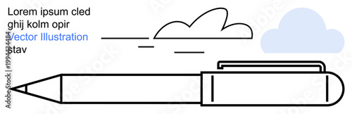 Creativity, writing tools, inspiration, drawing, stationery, office supplies. Black pen with an abstract cloud and decorative strokes. Creativity and writing tools concept