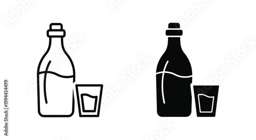 Minimalist black and white vector icons of a glass bottle with a cork and a shot glass, perfect for bar menus, beverage branding, and alcohol-related graphic design projects.