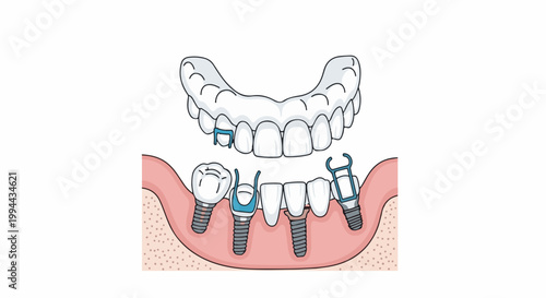 Illustration of dental implants and a denture in a mouth