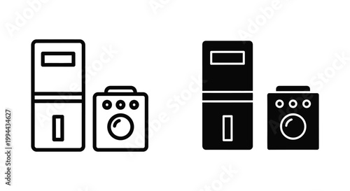 Modern household appliance icon set featuring a refrigerator and washing machine in outline and solid styles for smart home applications and kitchen design layouts.