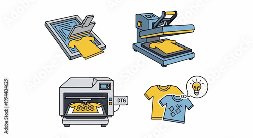 Illustration of four methods for printing designs onto t-shirts, including screen printing and digital methods
