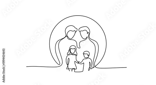 Continuous line drawing of a happy family of four, parents and two children, inside a circle.