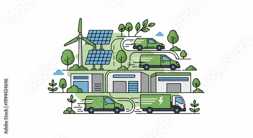 Illustration of green energy vehicles moving between renewable energy sources and buildings