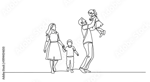 Minimalist Line Art Family Portrait: Parents Holding Children, Joyful Moments